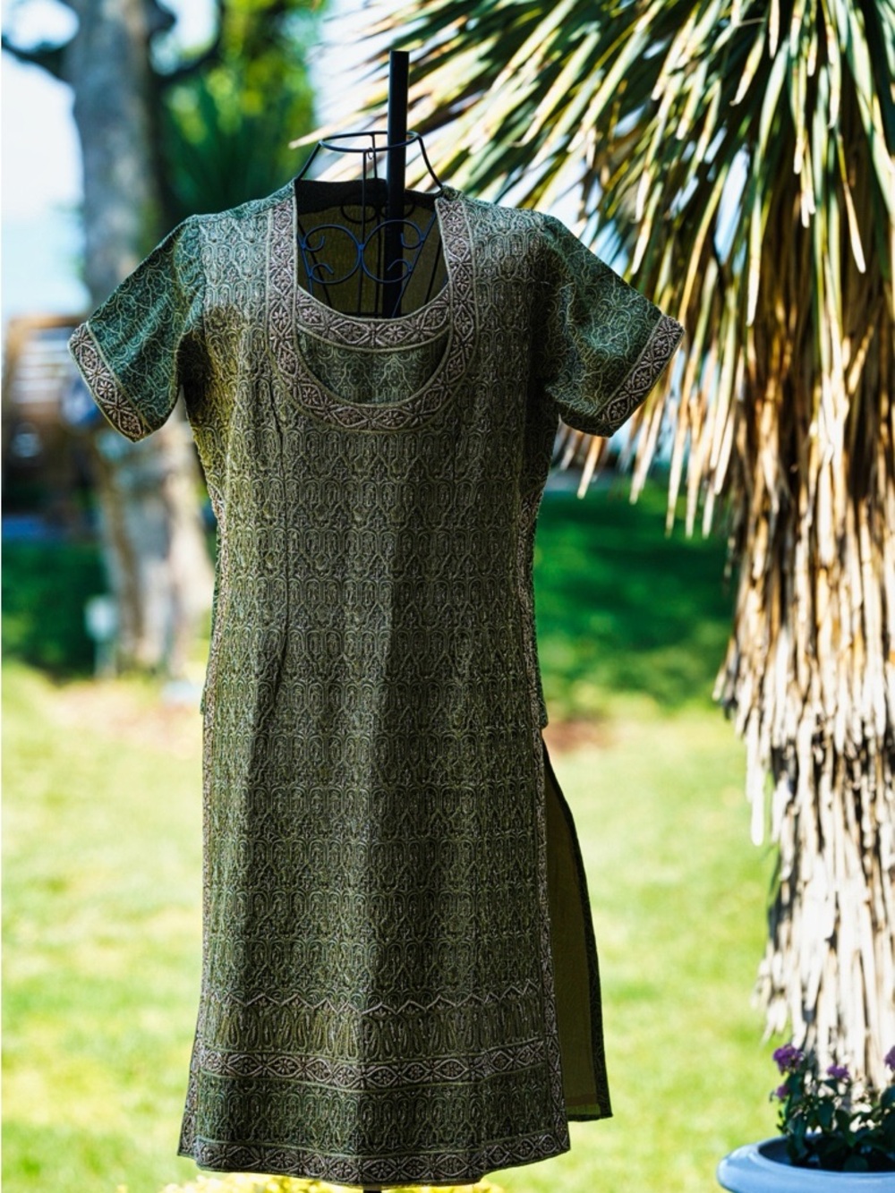 VTG Olive Green Embroidered Tunic Dress Paisley Boho Kurta Side Slit M/L